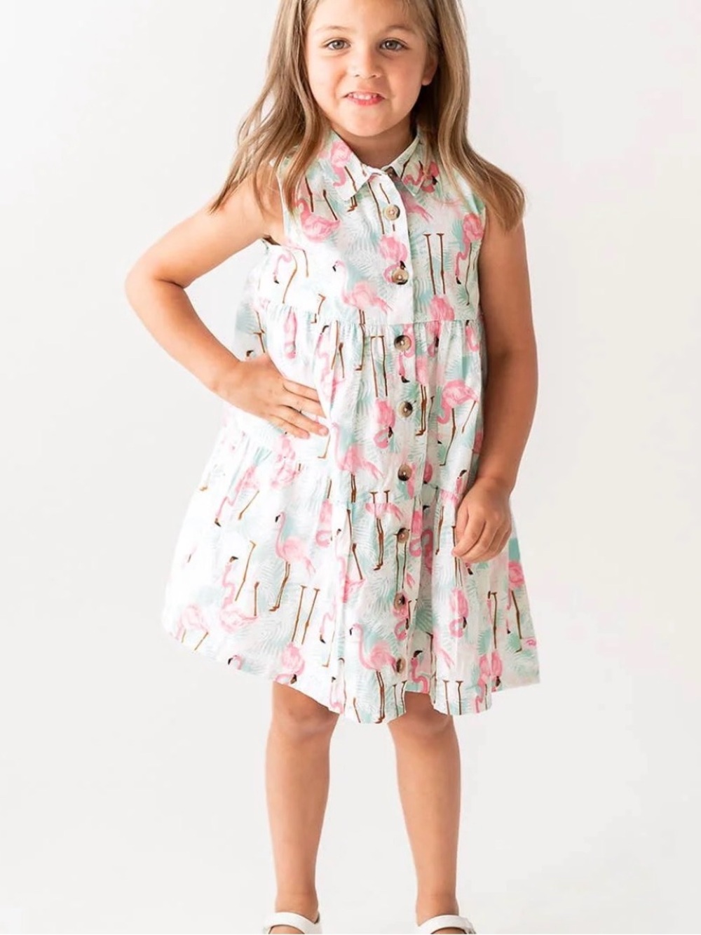 Ruffle Butts Girls 4T Flamingo Tiered Floral Button Down Shirt Dress